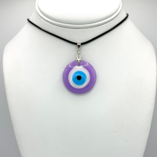Black Rope Necklace with adjustable silver findings with Medium Purple Evil Eye Pendant.