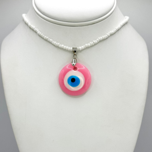 White Beaded Chain Necklace with Light Pink Medium Evil Eye Pendant with adjustable silver findings