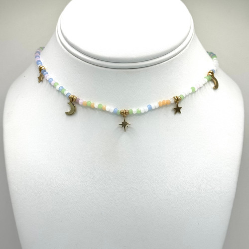 Pastel Beaded Chain with 5 Star & Moon Dangling Charms