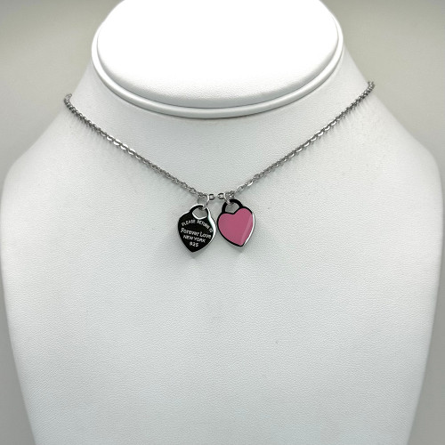 Double Heart Pink and Silver Necklace