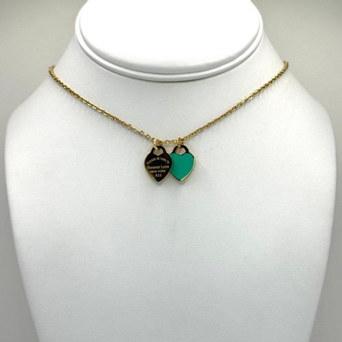 Double Heart Teal and Gold Necklace
