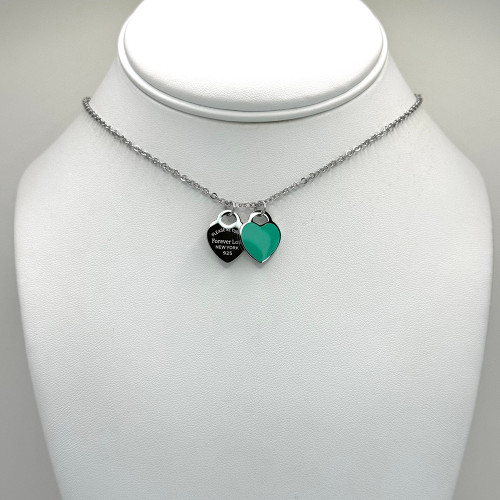 Double Heart Teal and Silver Necklace