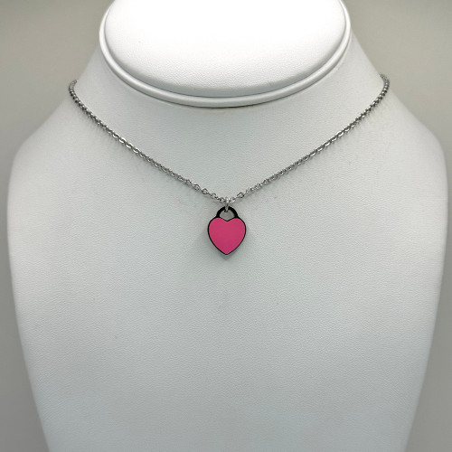 Single Pink Heart in Silver Necklace