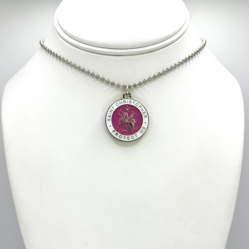 Silver Beaded Chain with adjustable findings with medium Pink S.Christopher Pendant.