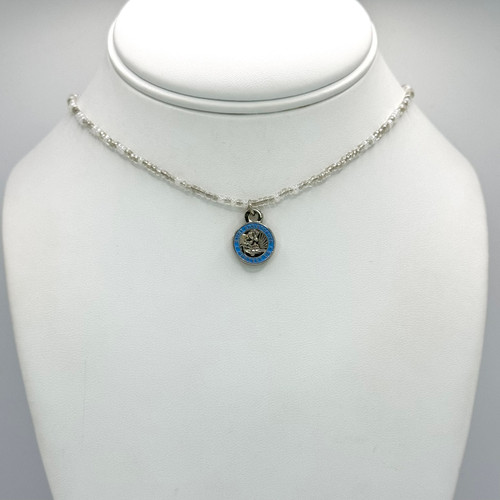 White and Silver Beaded Chain with adjustable silver findings, with Small Blue S.Christopher Pendant.