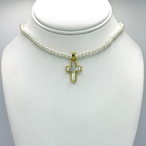 Mother of Pearl Cross Pendant on Pearl Necklace with Gold Accents