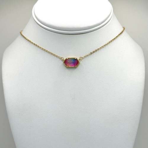 Pink and Blue Crystal Hexagon on Gold Chain Necklace