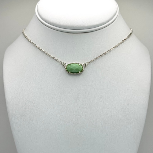 Green Stone Hexagon on Silver Chain Necklace