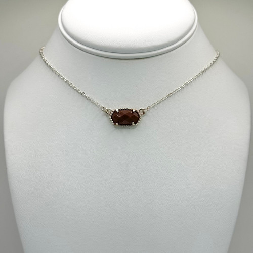 Brown Stone Hexagon on Silver Chain Necklace