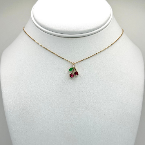 Crystal Cherries Necklace on Gold Chain