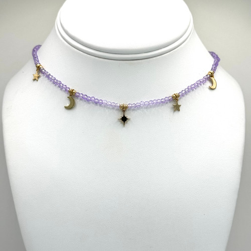 Purple Beaded Chain with 5 Star & Moon Dangling Charms