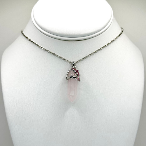 Rose Quarts Crystal Necklace with Pink Dolphin Charm