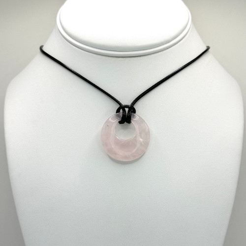 Rose Quarts Round Crystal Pendant Necklace with Black Cord