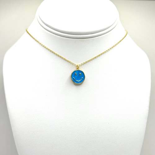 Blue  Enamel Smiley Face on Gold Chain