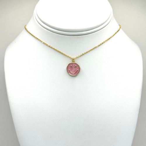 Pink  Enamel Smiley Face on Gold Chain