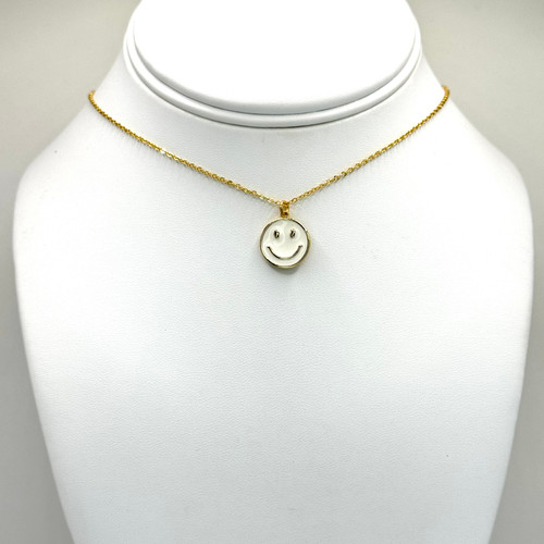 White  Enamel Smiley Face on Gold Chain