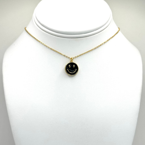 Black  Enamel Smiley Face on Gold Chain