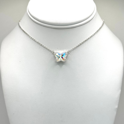 Silver Faceted Clear Crystal Butterfly Necklace with  Stationary Chain