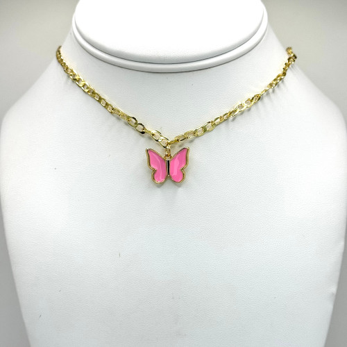 Pink Enamel Butterfly on Think Gold Chain