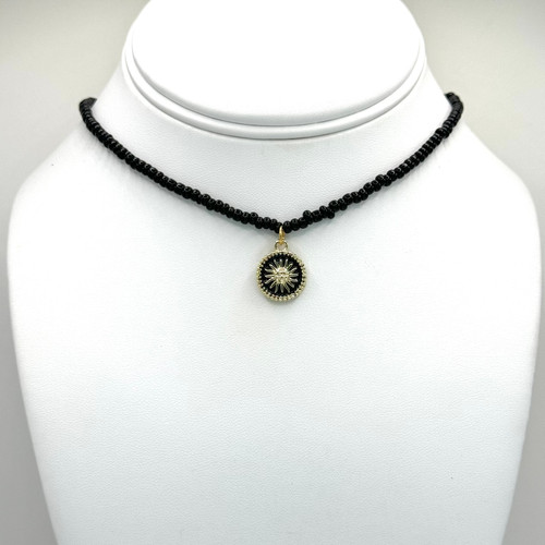 Gold Sun with Black Enamel on Beaded Chain