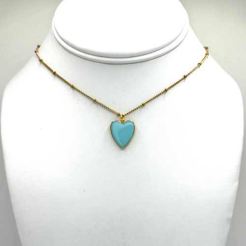 Blue Enamel Heart with Gold Saturn Chain