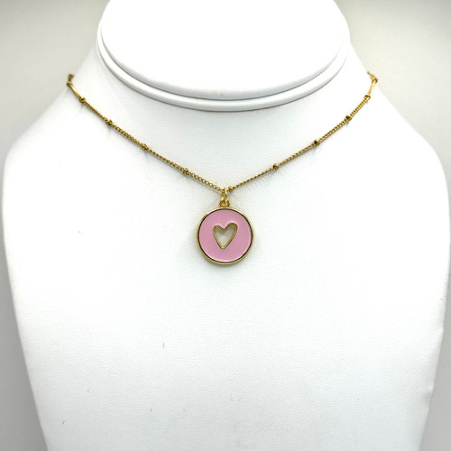 Baby Pink Circle Enamel Heart Pendant on a Gold Saturn Chain with adjustable 16inch to 18inch gold findings.