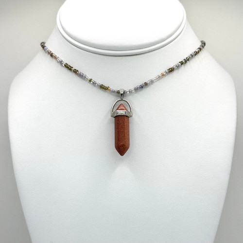 Agate crystal pendant on a beaded chain with 16inch to 18inch adjustable silver findings.