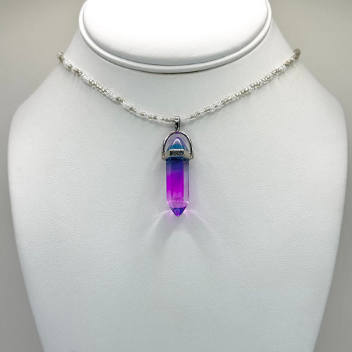 Amethyst crystal pendant on a beaded chain with 16inch to 18inch adjustable silver findings.