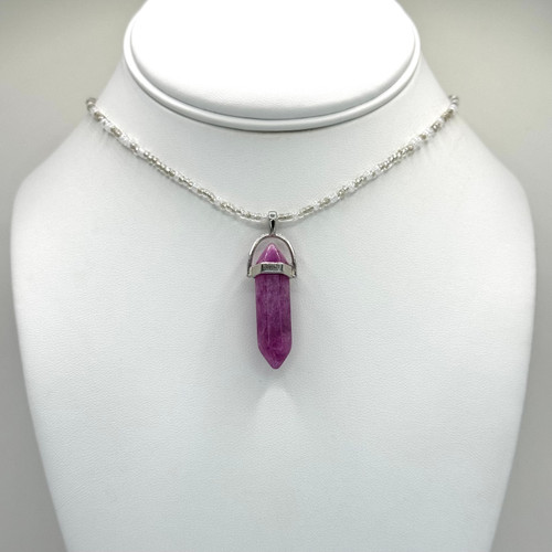 Amethyst crystal pendant on a beaded chain chain with 16inch to 18inch adjustable silver findings.