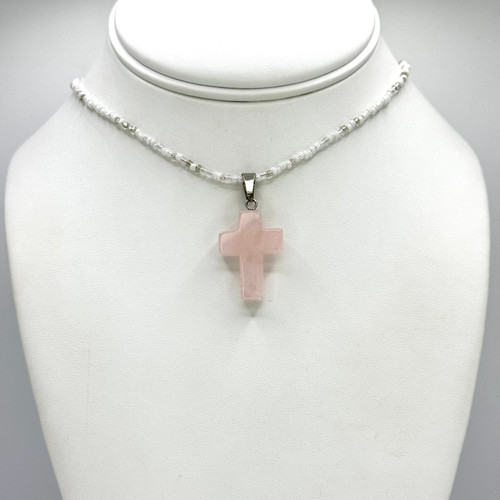 Rose Quartz Cross Pendant on Beaded Chain