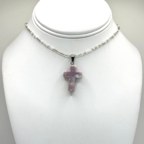 Lavender Cross Pendant on Beaded Chain