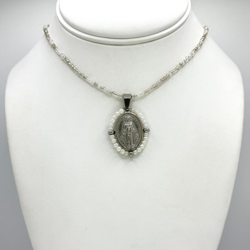 Virgin Mary Pendant Surrounded in Pearls on a Beaded Chain