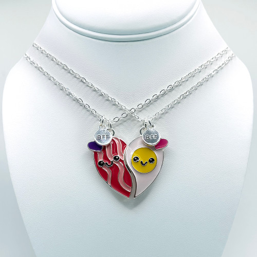 Bacon and egg magnetic best friends pendant on a silver chain with silver findings.