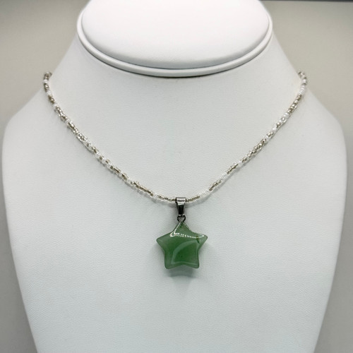 Green Aventurine Crystal Quartz Star Crystal Pendant with Beaded Chain