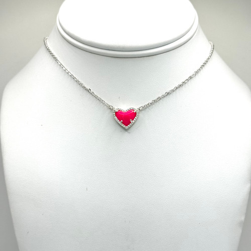 3D Hot pink heart pendant on a stationary silver chain with silver findings.