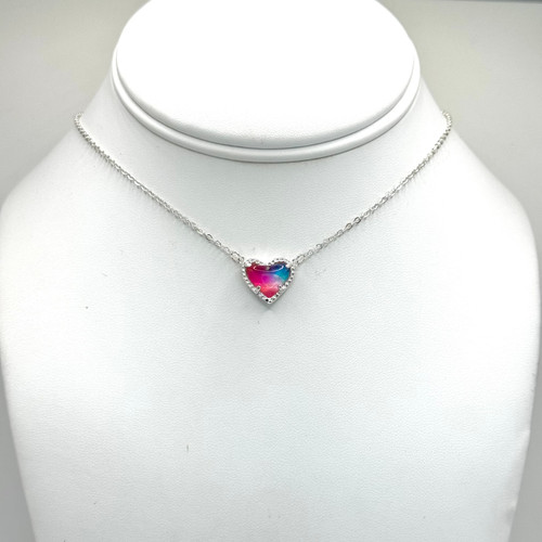 3D Rainbow heart on a stationary silver Chain with silver findings.