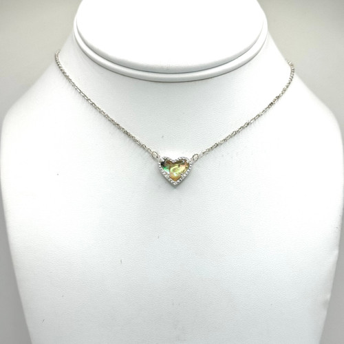 3D Abalone Heart Pendant on a stationary Silver Chain with silver findings.