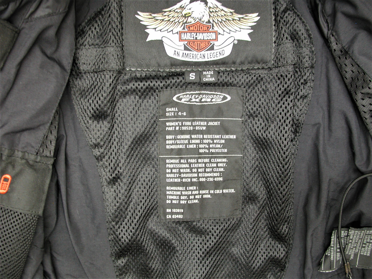 HARLEY DAVIDSON Women's FXRG OEM 98520 Black Leather Motorcycle Biker Jacket Size:S(4-6)