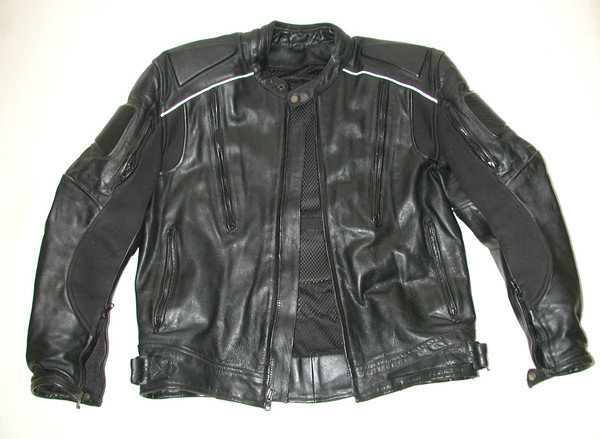 Men's Black Leather Motorcycle Biker Jacket Sz: L