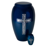 Blue Cross Aluminum Urn - Shown with Matching Keepsake Urn - Sold Separately