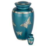 Blue Engraved Butterfly Brass Urn - Shown with Matching Keepsake Urn - Sold Separately