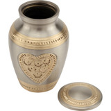 Embossed Heart Brass Keepsake Urn With Lid Removed