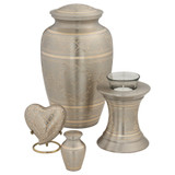 Platinum Elegance Heart Keepsake Urn - Shown with Matching Adult Size, Keepsake, and Tealight Urns - All Sold Separately