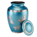Blue Engraved Butterfly Brass Urn - Medium with Lid Off