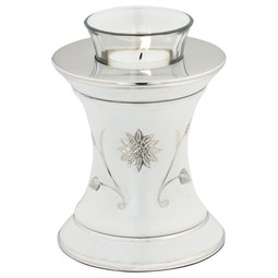 Grace Pearl White Tealight Urn - Shown with Candle Lit