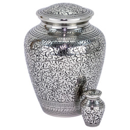 Leaves of Silver Brass Urn - Shown with Matching Keepsake Urn - Sold Separately