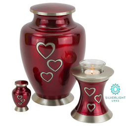 Loving Hearts Brass Urn - Shown with Matching Keepsake and Tealight Urns - Both Sold Separately