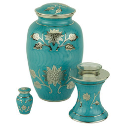 Grace Turquoise Brass Urn - Shown with Matching Tealight and Keepsake Urns - Sold Separately
