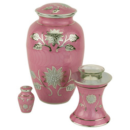 Grace Dark Pink Brass Urn - Shown with Matching Tealight and Keepsake Urns - Sold Separately