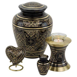 Black Elegance Tealight Urn - Shown with Black Elegance Adult, Keepsake, and Heart Keepsake Urns (sold separately)